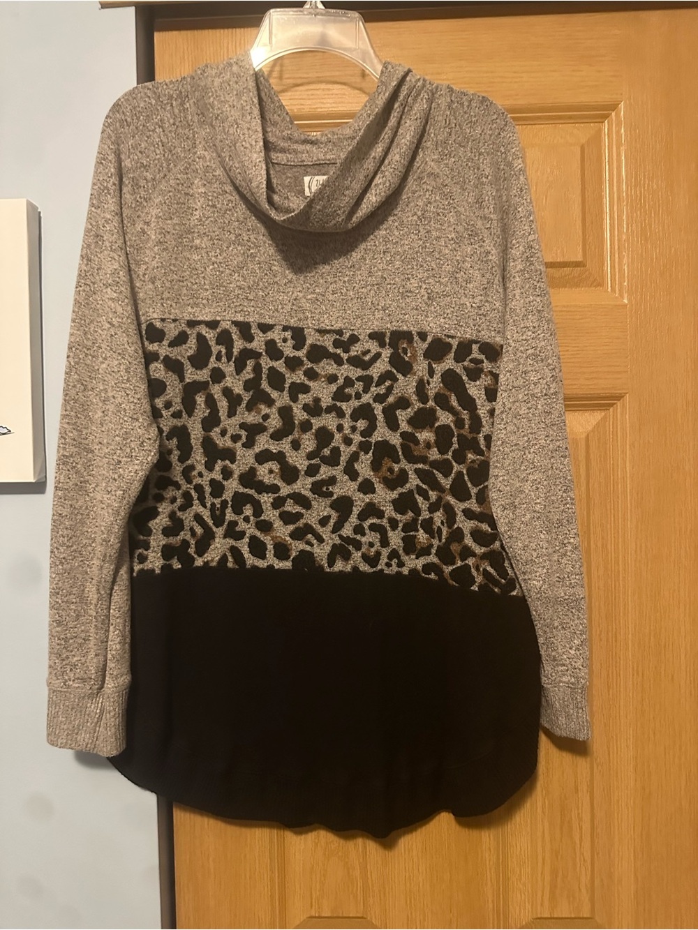 Maurices Gray Leopard-Panel Cowl Neck Sweater